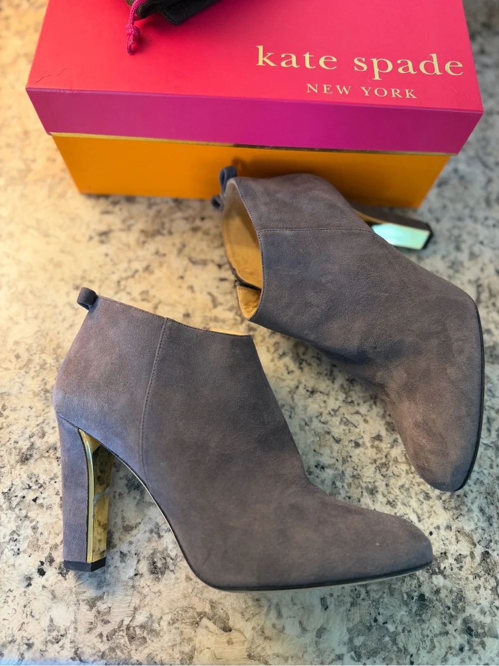 kate spade Gray Suede Pointed Toe Ankle Booties Gold Bow Accent Box Dust Bag